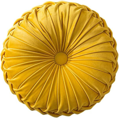 MOCOFO Round Velvet Throw Pillow, Pumpkin Shape Decorative Floor Cushion, Handcrafted Pleated Design, 14 and 16 Inch Diameter, Multiple Colors, Polyester Fill (Yellow, 14")