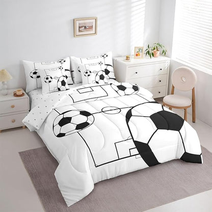 Erosebridal Sports Theme 7 Piece Bedding Set Queen Soccer Ball Comforter Set with Sheets Football Boys Games Soccer Ball Bed in a Bag Playground Pattern White for Kids Boys Girls