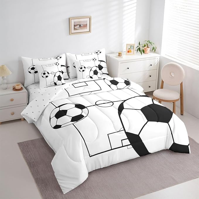 Erosebridal Sports Theme 7 Piece Bedding Set King Soccer Ball Comforter Set with Sheets Football Boys Games Soccer Ball Bed in a Bag Playground Pattern White for Kids Boys Girls