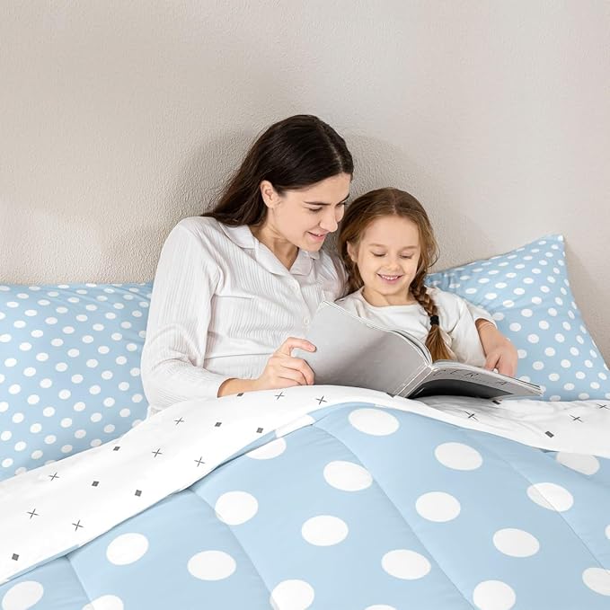 Manfei Polka Dots Kids Comforter Set,French Style Dots Cartoon Blue White Bedding Set All Season,Modern Geometric Circles Abstract Simple Art Comforter 2 Pcs with 1 Pillowcase,Toddler Size