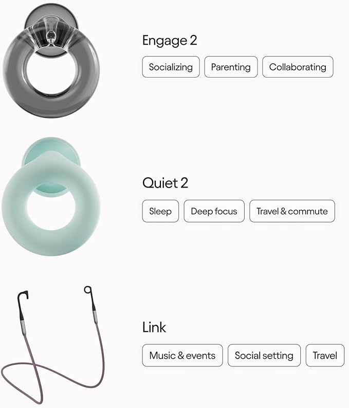 Loop Earplugs Everyday Link Bundle (2-Pack) | Engage 2 + Quiet 2 + Link | Reusable Ear Plugs for Sleep, Focus, Noise Sensitivity, Socializing & More | 16 dB/24 dB Noise Reduction