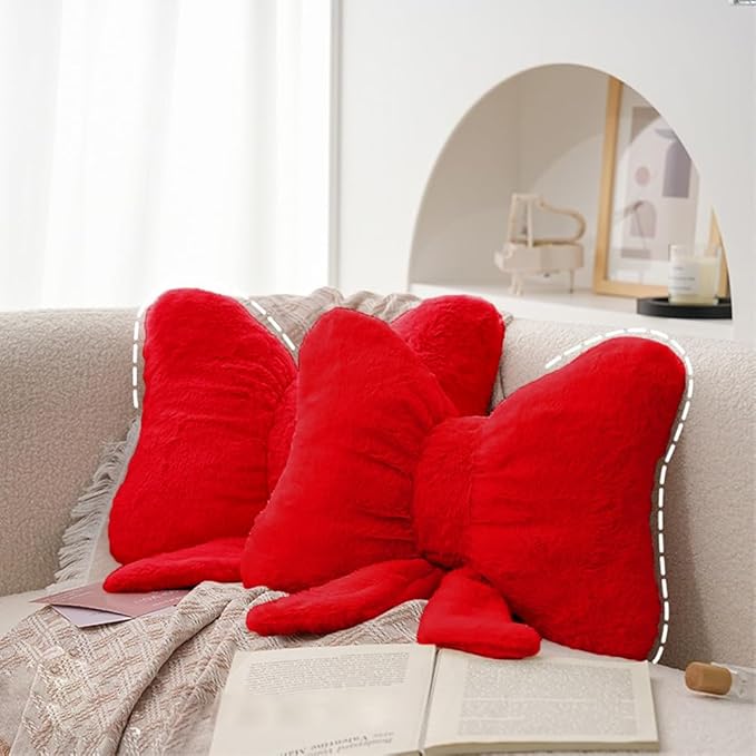 2Pack Soft Furry Bow Throw Pillows Cute Bowknot Plush Pillow Home Decor Stuffed Bow Lumbar Pillow for Bed Couch Living Room Decor (Red)