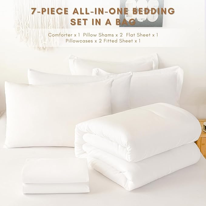 Twin/Twin XL Comforter Duvet Cover Set White - 7-Piece Bed in a Bag, Festive Gift Double Brushed Micorfiber All-Season Soft Bedding with Sheets & Envelope Pillowcases(68"x88",TWI)