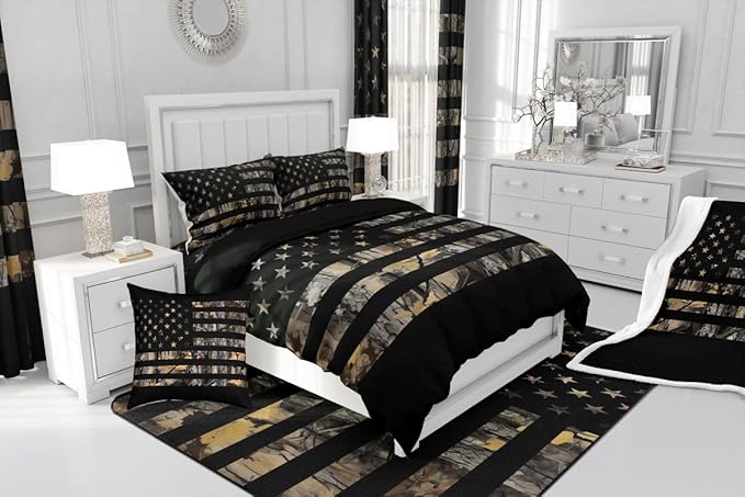 Feelyou American Flag Camo Comforter Set All Season Hunting Bedding Set with 2 Pillow Cases Military Camouflage Kids Queen Bedclothes Rustic Trees Leaves Bedroom Decor Duvet Quilt Soft Lightweight