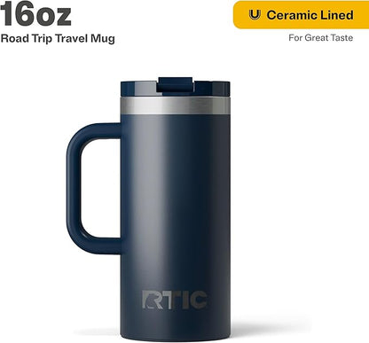 RTIC 16oz Road Trip Travel Mug with Lid and Handle, Ceramic Lined, Insulated, Stainless Steel, Metal, Double Wall Vacuum-Insulation, Portable Coffee, Tea Cup for Hot and Cold Drink, Navy