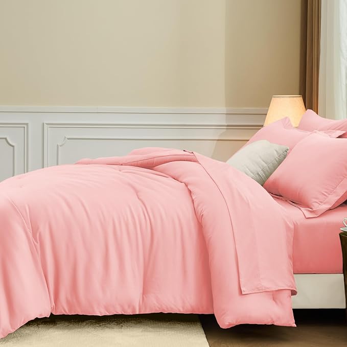 FUANNA Full Size Comforter Sets Pink, 7 Pieces Soft Bed in a Bag Full, All Season Lightweight Bed Sets with Comforter, Flat Sheet, Fitted Sheet, Pillowcases & Shams