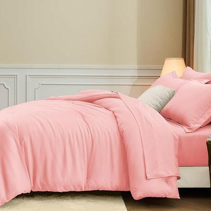 FUANNA Queen Comforter Set Pink, 7 Pieces Soft Bedding Sets Queen Size, All Season Lightweight Bed in a Bag with Comforter, Flat Sheet, Fitted Sheet, Pillowcases & Shams