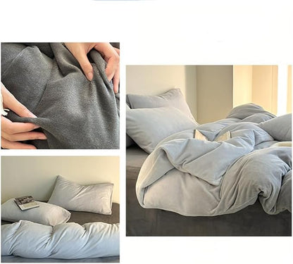 Wellboo Grey Gradient Comforter Set - Queen Size, Silver & Dark Grey Velvet & Flannel Quilts, Modern Farmhouse Abstract Art, Micromink Sherpa Fuzzy Plush Bed