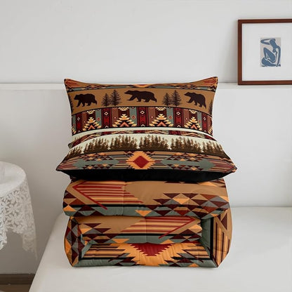 Feelyou Boho Comforter Set Twin Size Bear Comforter for Boys Girls Teens Rustic Bedding Set Cabin Duvet Set Room Decor Olive Brown Quilt Set