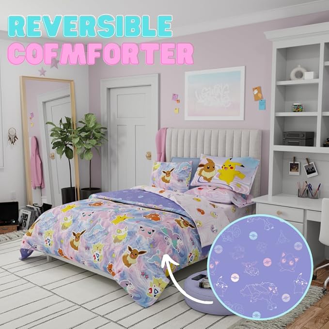 Pokémon Eevee, Pikachu, Jigglypuff Girl Bedding Soft Cozy Reversible Microfiber Comforter and Sheet Set with Sham, 7 Piece Full Size, (Official Licensed Product) by Franco Kids