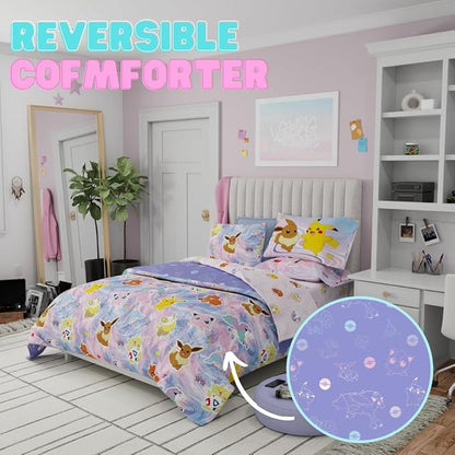 Pokémon Eevee, Pikachu, Jigglypuff Girl Bedding Soft Cozy Reversible Microfiber Comforter and Sheet Set with Sham, 7 Piece Full Size, (Official Licensed Product) by Franco Kids
