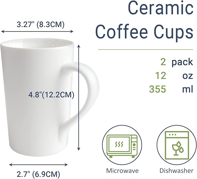 2 Pack 12 OZ Ceramic Coffee Cup Simple Pure White Ceramic Cup Plain Large Tall White Milk Tea Coffee Mug with Handle