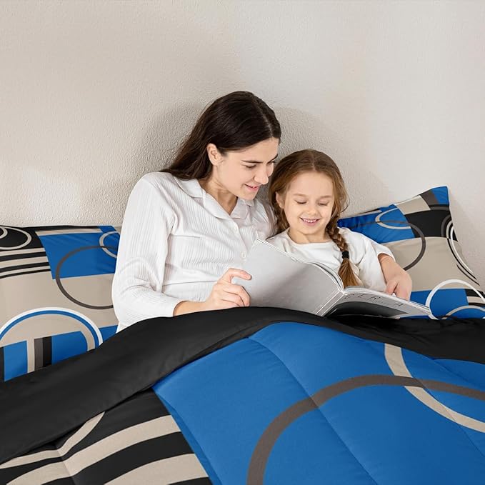 Modern Circles Swirls Comforter King Size Geometric Spiral Square Bedding Set Blue Black Grey Comforter Set Abstract Gromment Plaid Quilted Duvet Chic Graphic Texture Artwork Quilt Comforter, 3Pcs