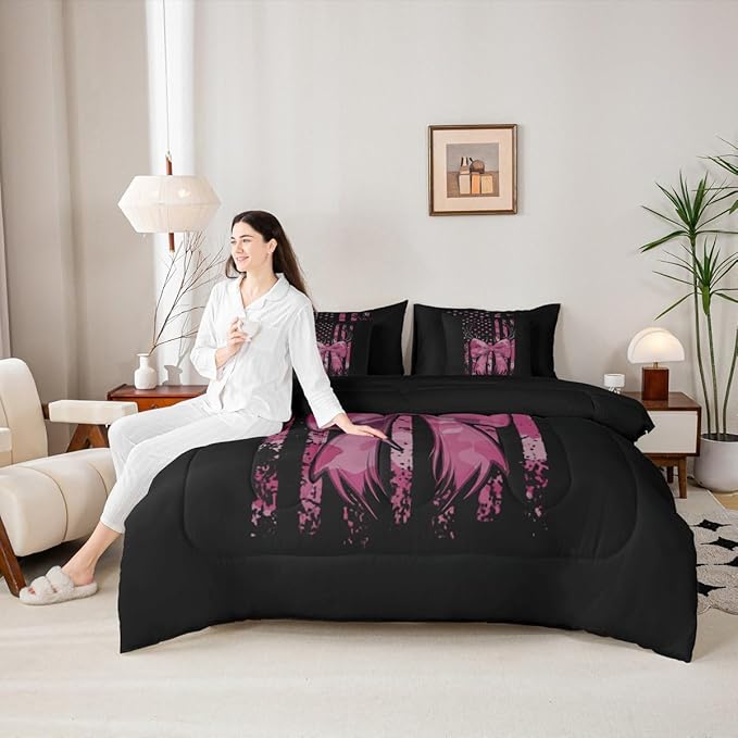 Erosebridal Bow King Comforter Set Deer 7-Piece Bed in A Bag Camouflage Antlers Bowknot American Flag Sheets and Pillowcases Black Pink Bed Sets