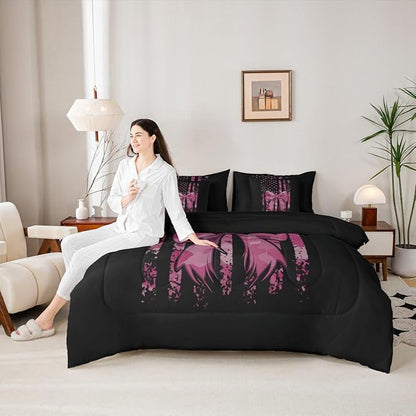 Erosebridal Bow King Comforter Set Deer 7-Piece Bed in A Bag Camouflage Antlers Bowknot American Flag Sheets and Pillowcases Black Pink Bed Sets
