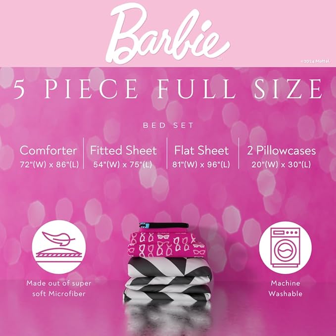 Barbie 1959 Super Soft Cozy Reversible Comforter and Sheet Set, 5 Piece Full Size, (Official Licensed Product) by Franco Collectibles