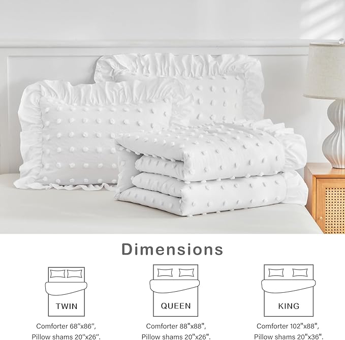 Tufted Dots Ruffle Comforter Set Full/Queen Size, 3 Pieces White Vintage Farmhouse Shabby Chic Comforters, Jacquard Boho Bohemian Bedding Set for All Season (1 Ruffled Comforter+ 2 Pillow Shams)