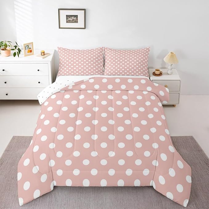 Manfei Polka Dots Comforter Set Queen Size 3 Pcs,Modern Geometric Circles Abstract Simple Art Bedding Set,Cartoon French Style Dots Pink White Quilt Set for Young Adults,2 Pillowcases