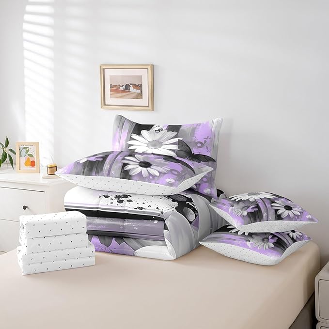 Feelyou Girls Daisy Flower Comforter Set with Sheets Full Size 7 Pieces Kids Butterfly Floral Bedding Set for Boys Women Teens Purple Black Simple Modern Abstract Art Bed in a Bag Room Decor