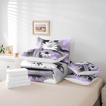 Feelyou Girls Daisy Flower Comforter Set with Sheets King Size 7 Pieces Kids Butterfly Floral Bedding Set for Boys Women Teens Purple Black Simple Modern Abstract Art Bed in a Bag Room Decor