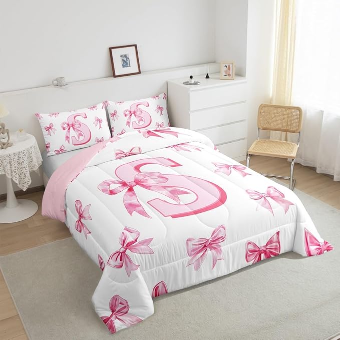 Erosebridal Dreamy Bow Bedding Comforter Sets Pink Monogrammed S Comforter Set Initial Letter S Bowknot Bedding Set Twin Size for Kids Girls Teen Women,Kawaii Girly Princess Quilt Duvet