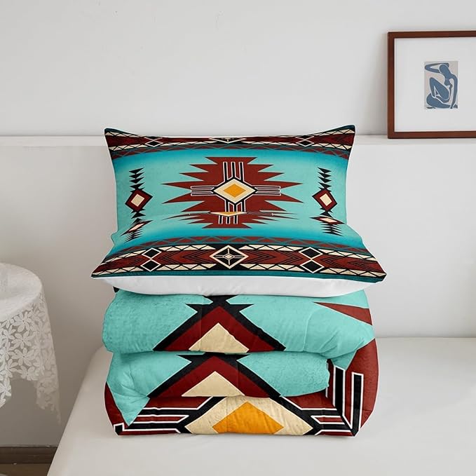 Southwest Comforter Set Twin Size,Geometric Aztec Tribal Striped Print Quilt Set Rustic Western Bedding Set for Kids Girls Boys Teens Room Decor,Adult Retro Turquoise Red Duvet Insert,1 Pillowcase
