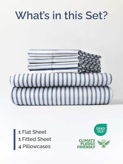 Extra Deep Queen Sheet Set - 6 Piece Breathable and Cooling Sheets - Hotel Luxury Bedding for Women, Men, Kids & Teens - Easy Secure Fit - Soft and Wrinkle Free with Extra Deep Pockets - Blue Stripes