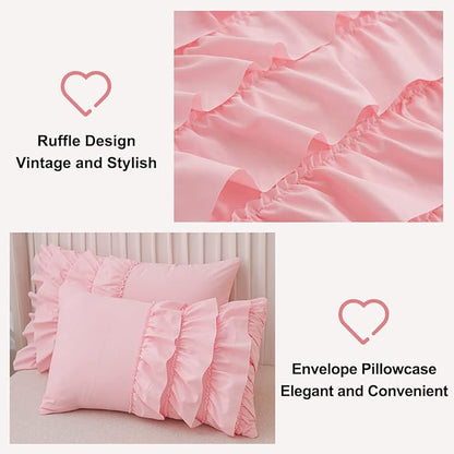 Holawakaka Pink Waterfall Ruffle Comforter Set Full Size Multi-Layers Ruffled Shabby Chic 3PCS Bedding Set for Girls Women