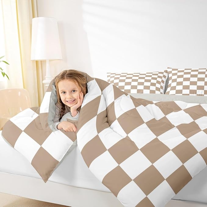 Feelyou Checkered Bedding Set for Boys Girls Brown Plaid Comforter Set Toddler Size Vintage Checkerboard Geometric Duvet Quilt Reversible Grey Bedroom Decor 2 Pcs with 1 Pillow Cases