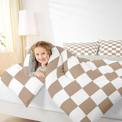 Feelyou Checkered Bedding Set for Boys Girls Brown Plaid Comforter Set Queen Size Vintage Checkerboard Geometric Duvet Quilt Reversible Grey Bedroom Decor 3 Pcs with 2 Pillow Cases