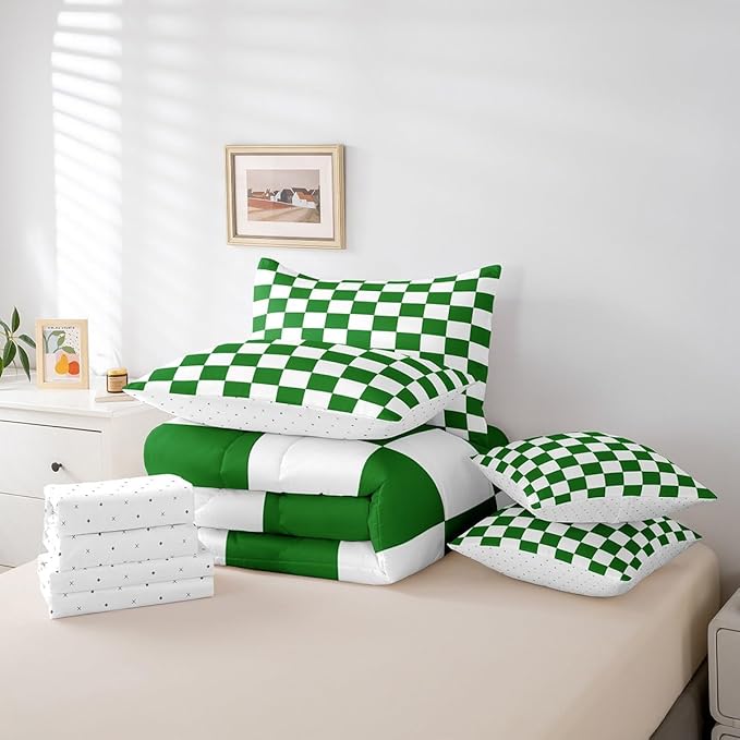 Feelyou Checkered Retro 7 Piece Bedding Set Teen Women Men Green White Plaid Comforter Set with Sheets King Size Kids Boys Geometric Vintage Bed in a Bag Modern Simple Groovy Aesthetic Room Decor