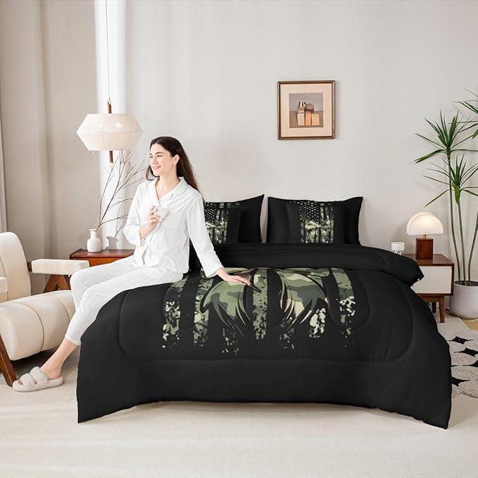 Erosebridal Camouflage King Comforter Set Antlers 7-Piece Bed in A Bag Elk Deer Bow Bowknot American Flag Military Sheets and Pillowcases Black Green Bed Sets