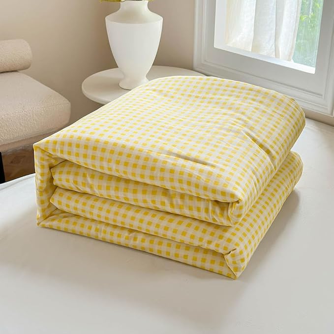 NSNLGSGC Yellow Gingham Cotton Comforter Set Twin, 100% Washed Cotton Plaid Checked Comforter Bedding, 2 Pieces Vintage Farmhouse Grid Bedding Set(Yellow Gingham, Twin)