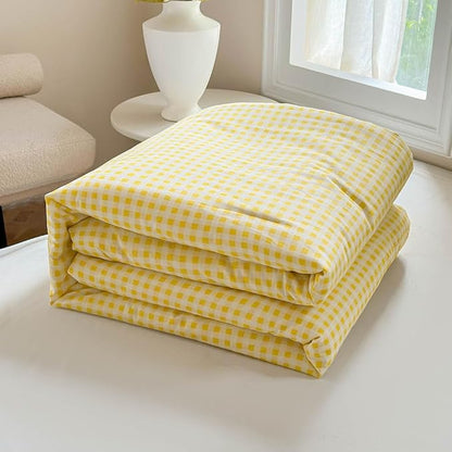 NSNLGSGC Yellow Gingham Cotton Comforter Set King, 100% Washed Cotton Red Plaid Checked Comforter Bedding, 3 Pieces Vintage Farmhouse Grid Bedding Set(Yellow Gingham, King)