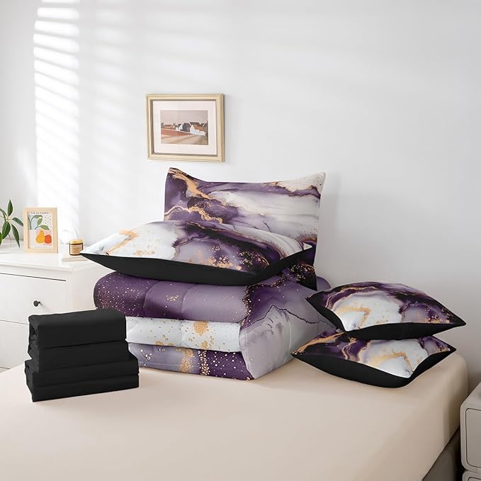 Erosebridal Purple Marbling Bedding Queen Size 7-Piece Watercolor Aesthetic Comforter Set, Foil Print Marble Bedding Comforter Sets Modern Abstract Art Bed in a Bag, Gold Metallic Bedding Accessories