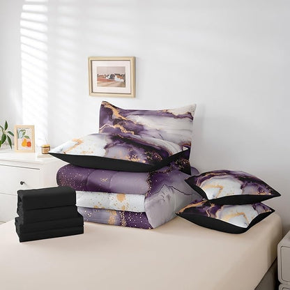 Purple Marbling Bedding Comforter Sets 7pcs Watercolor Aesthetic Bed in a Bag, Foil Print Marble Twin Bedding Sets Modern Abstract Art Comforter Set, Gold Metallic Bedding Sets & Collections