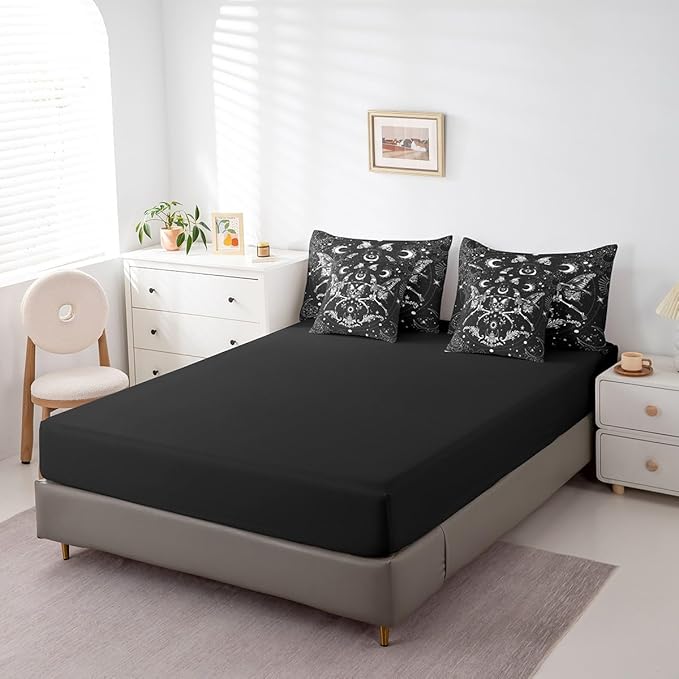 Feelyou Sugar Skull Bedding Set with Comforter, Gothic Skull Comforter Full Size 7Pcs Halloween Themed Bed in a Bag with Comforter, Boho Death Moth Flat Sheet, Fitted Sheet, Pillowcases Room Decor