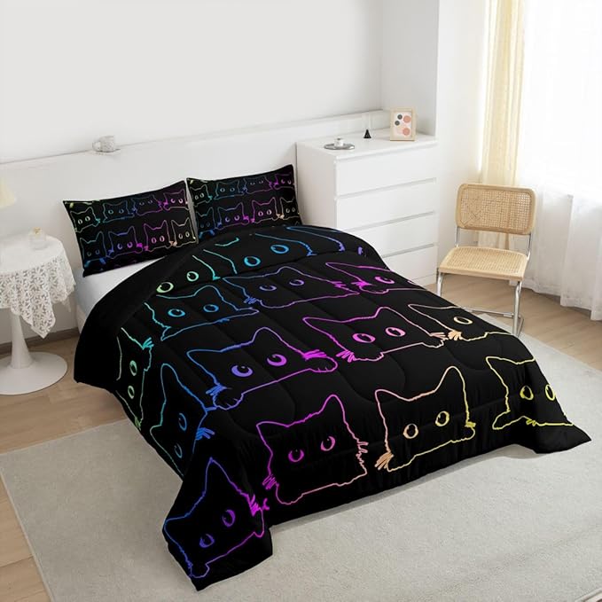 Erosebridal Cute Cats Bedding Set Queen Kawaii Cat Pet Comforter Colorful Neon Ombre Animal Line Down Lovely Lovers Room Decor Lightweight Duvet For Teens Children Boy Girl,Multi 362