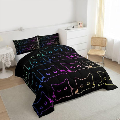 Cute Cats Bedding Set King Kawaii Cat Pet Comforter Set Colorful Neon Ombre Kawaii Animal Line Down Comforter Lovely Cat Lovers Room Decor Lightweight Duvet Set For Teens Children Boy Girl
