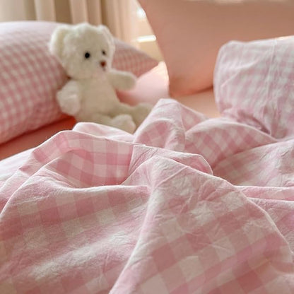 Nayoroom Pink Gingham Comforter Set Queen Size Plaid Checkered Comforter 3 Pcs Soft Lightweight Grid Farmhouse Dorm Bedding Set for All Seasons (1 Comforter, 2 Pillowcases)