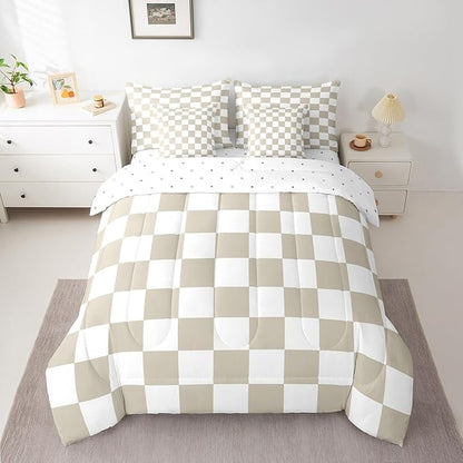 Feelyou Checkered 7 Piece Bedding Set Teen Women Men Beige Plaid Comforter Set with Sheets Full Size Kids Boys Cute Retro Neutral Checkerboard Geometric Bed in a Bag Vintage Aesthetic Room Decor