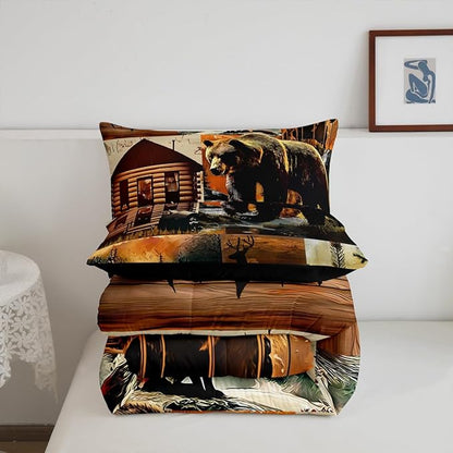 Erosebridal Rustic Lodge Comforter Set Full Size Bear Deer Fox Cabin Bedding Set for Kids Teens Adult | Country Woodland Animals Duvet Insert Vintage Barn Pine Trees Brown Black Quilt,3 Piece