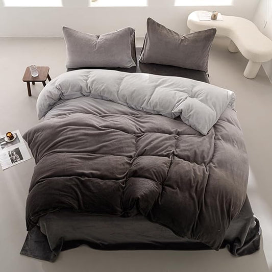 Wellboo Grey Gradient Comforter Set - Queen Size, Silver & Dark Grey Velvet & Flannel Quilts, Modern Farmhouse Abstract Art, Micromink Sherpa Fuzzy Plush Bed