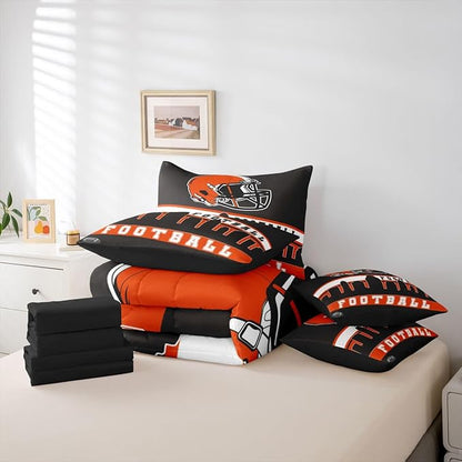 Erosebridal Football City 7 Pcs Comforter Set Twin Football Bedding for Young Grey Orange Rugby Game Sheet Set Bed in A Bag Football Fans Room Decor Sports Ball Competition Quilt