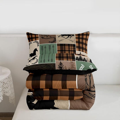 Erosebridal Horse Comforter Set Full Size, Western Cowboy Cowgirl Bedding Set for Kids Boys Teens Bedroom, Forest Arrow Horseshoe Patchwork Duvet Insert Retro Geometric Plaid Quilt Cabin Lodge Decor