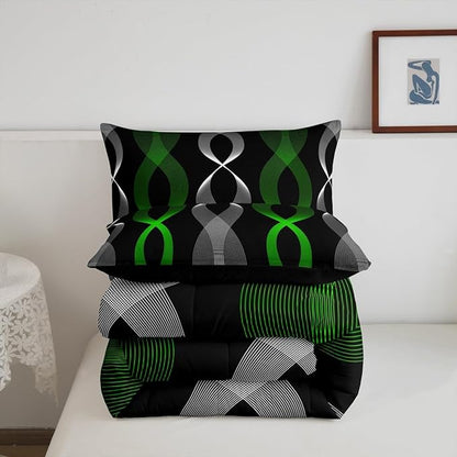 Erosebridal Green and Black Abstract Comforter Set Toddler, Green Striped Bedding Set, Contemporary Boho Modern Art Comforter, Gradient Geometric Stripes Aesthetic Line Quilt for Men Adults Bedroom