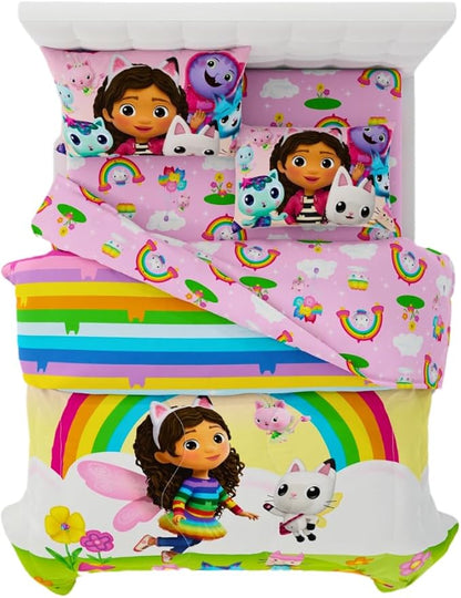 DreamWorks Gabby's Dollhouse Cakey, Mercat and Pandy Kids Bedding Super Soft Comforter and Sheet Set, 5 Piece Full Size, (Official Licensed Product) by Franco