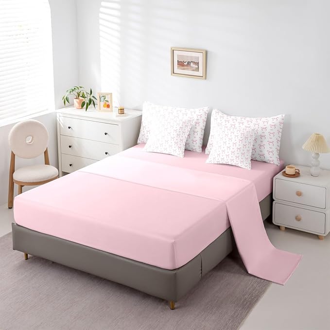 Erosebridal Bowknot Love Hearts Pink White King 7-Piece Comforter Set | Ribbon Bow Kawaii Sheets and Pillowcases Girly Kids Cute Dreamy Bed in A Bag Women Teens Adults Bed Sets