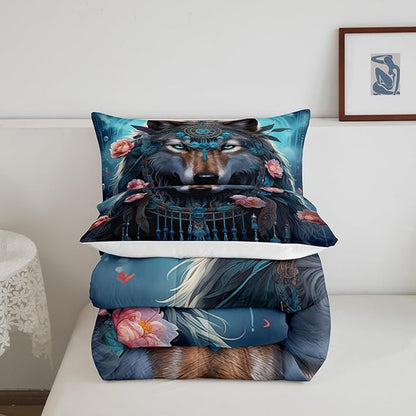 Erosebridal Indian Wolf Toddler Bedding Set,Hunting Wolf Comforter Set for Kids Boys Girls Room Decor,Boho Floral Exotic Ethnic Bed Set Wildlife Safari Bedding Comforter Sets,1 Pillowcase