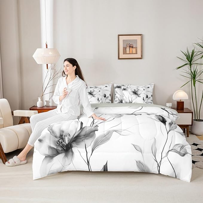 Erosebridal Black and White Floral Queen Comforter Set with Sheets, Boho Flower 7 Pcs Bedding Set for Women Men, Artistic Watercolor Floral Bed in A Bag, Ink Painting Style Blossom & Leaf Bed Sets